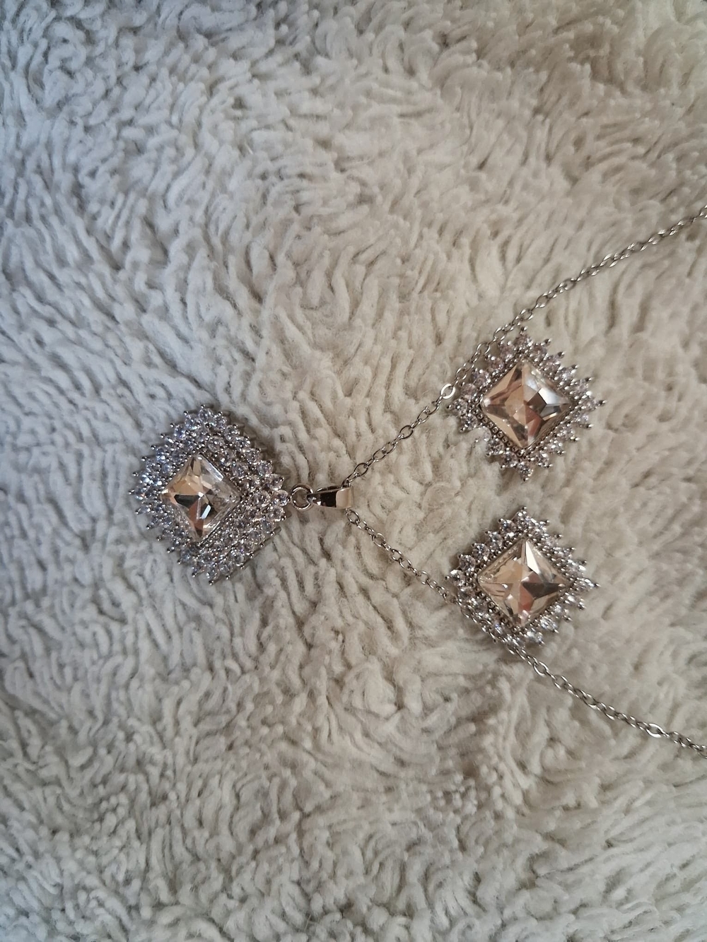 Silver Crystal Square Pendant Necklace and Earring Set - Silver